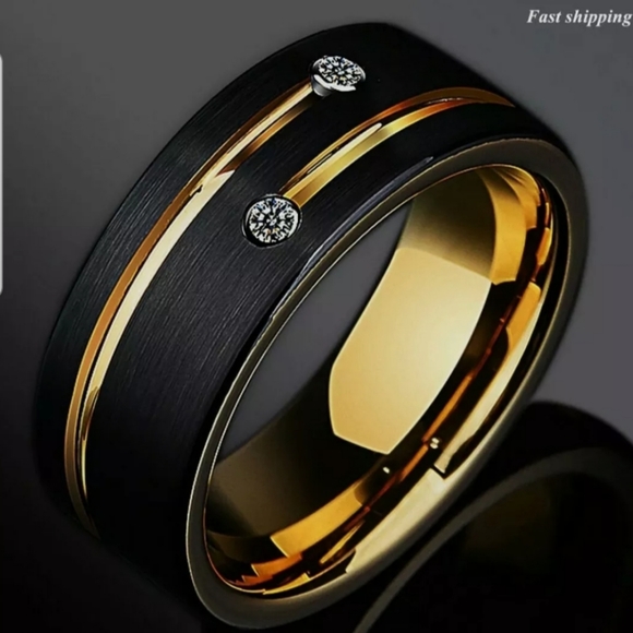 8mm Black Brushed Tungsten Ring Gold Grooved Line - Picture 6 of 7